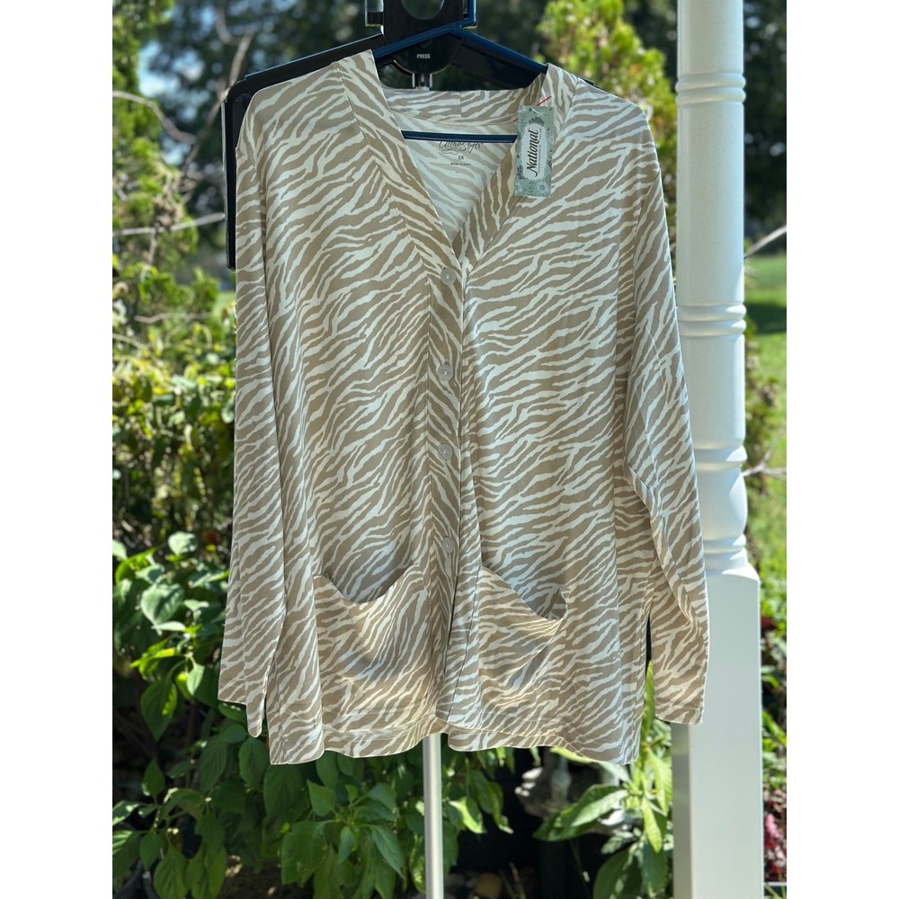 National UltraSofts Zebra Print Cardigan Tan White 2X Button Front Pockets 23845